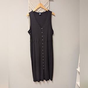 Old Navy Black V-Neck Button-Front Dress Minimalist XXl Ribbed Stretchy Midi